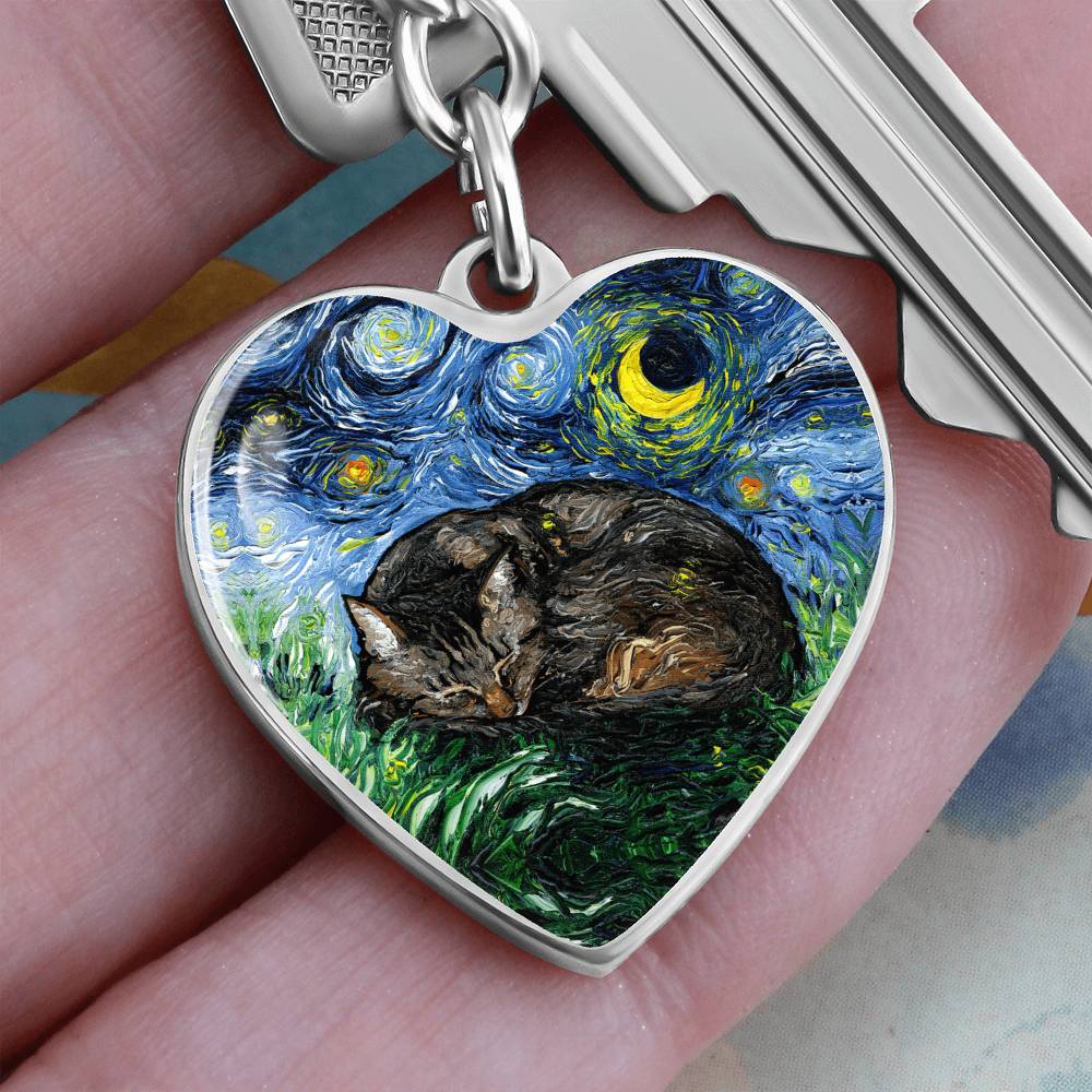 Sleeping Brown Tabby Starry Night Heart Keychain