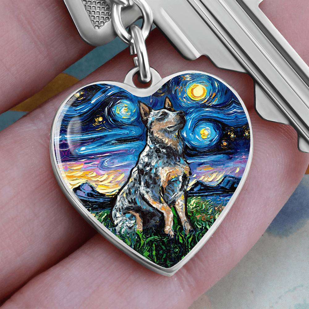 Blue Heeler Starry Night Heart Keychain