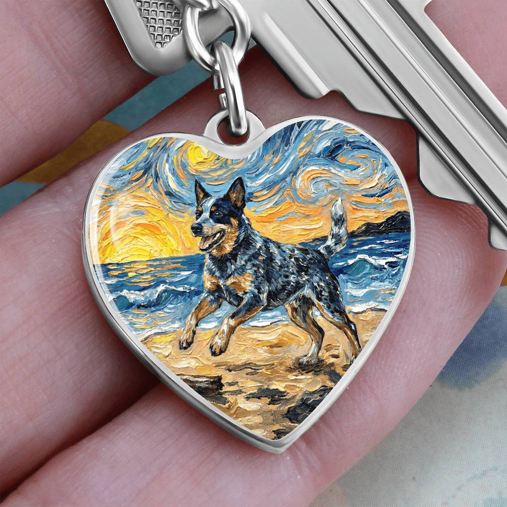 Frolicking Blue Heeler at the Beach Heart Keychain