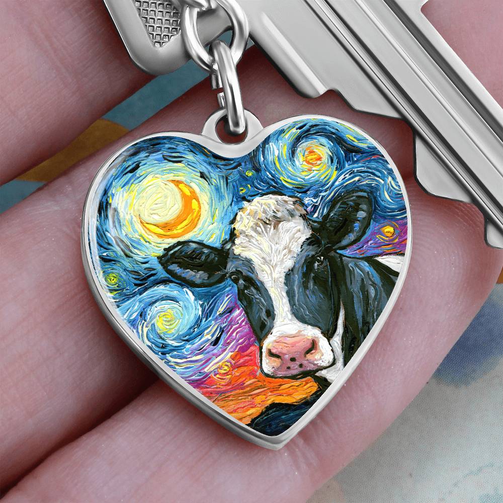 Holstein Cow Starry Night Heart Keychain