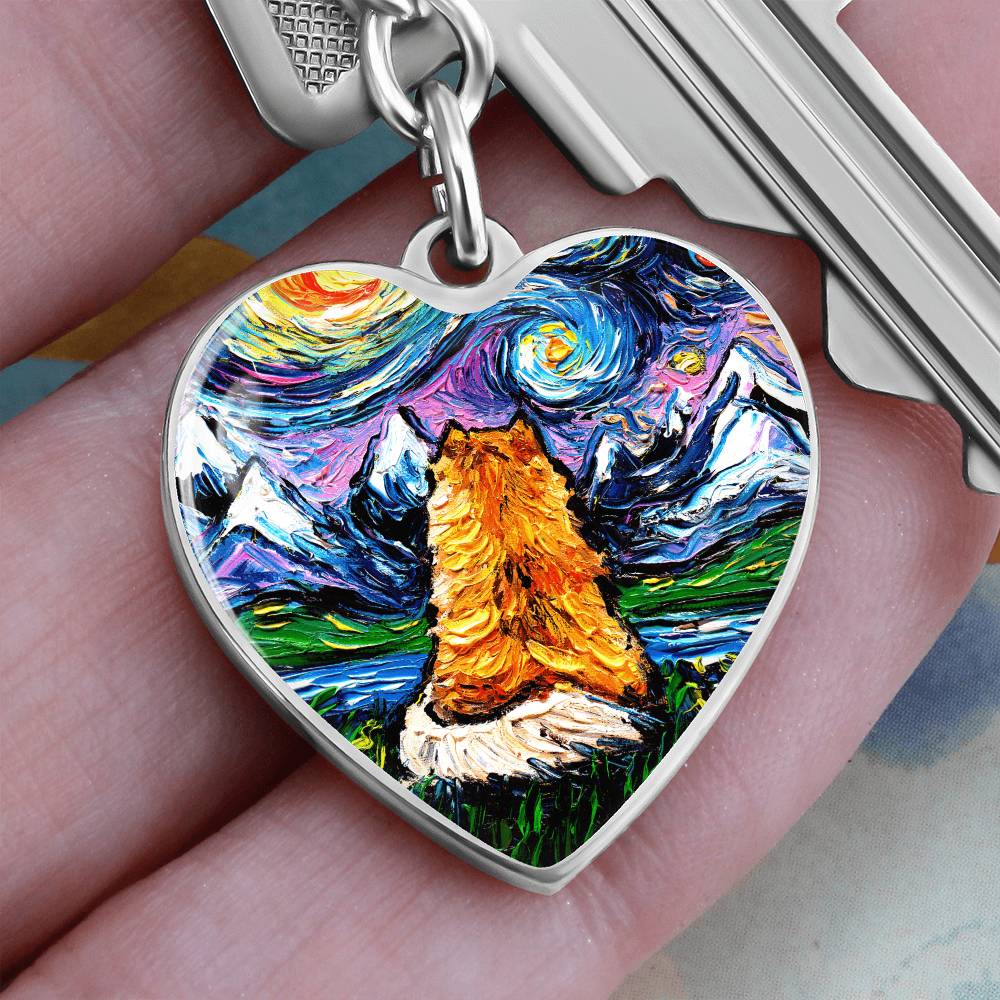 Pomeranian Back Starry Night Heart Keychain