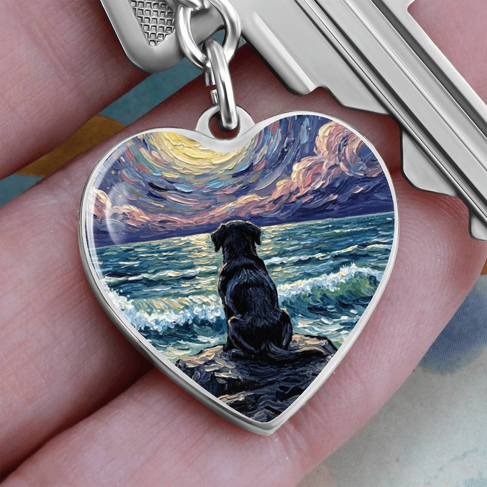 Beach Night - Black Labrador Puppy Heart Keychain