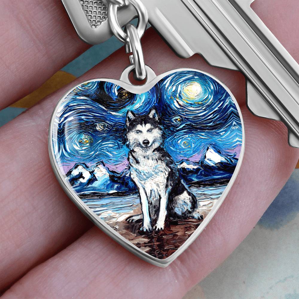 Husky Starry Night Heart Keychain