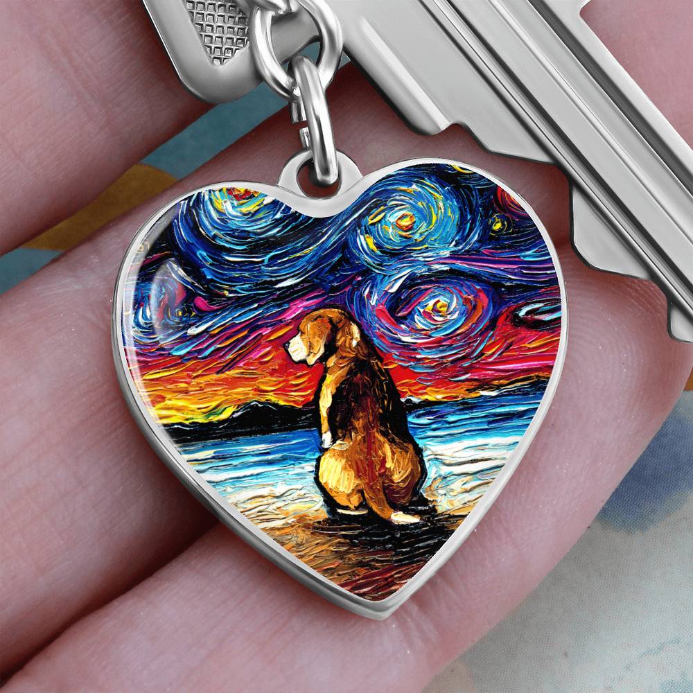 Beagle at the Beach Starry Night Heart Keychain