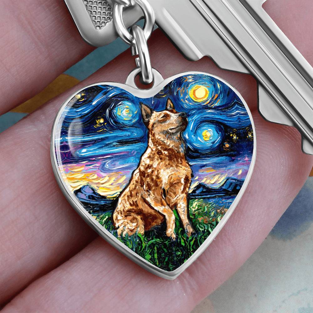 Red Heeler Starry Night Heart Keychain