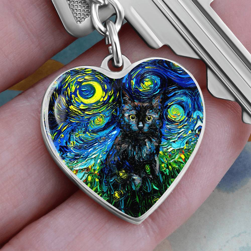 Black Cat Starry Night Heart Keychain