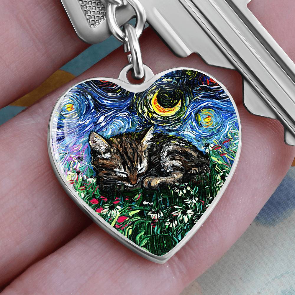 Tabby Kitten Starry Night Heart Keychain