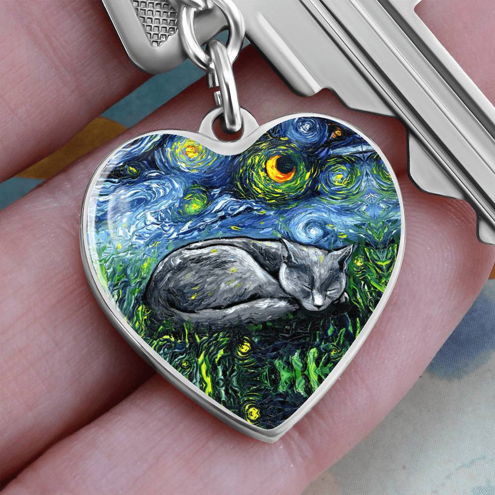 Russian Blue Cat Starry Night Heart Keychain