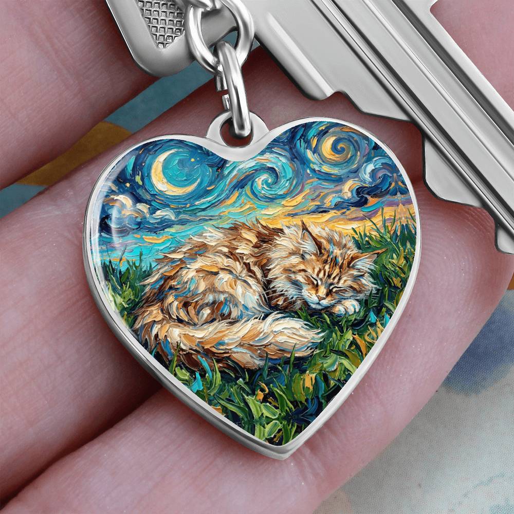 Sleepy Maine Coon Night Heart Keychain