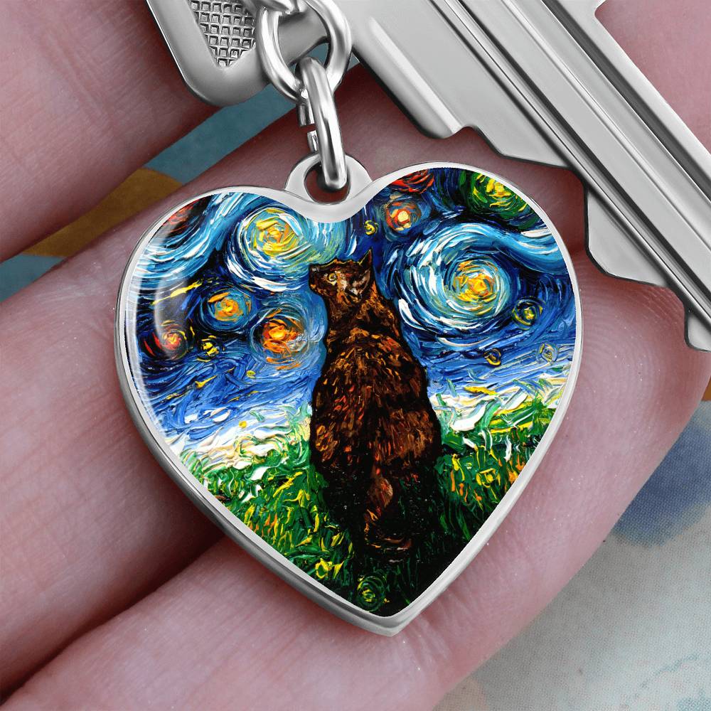 Tortoiseshell Cat Starry Night Heart Keychain