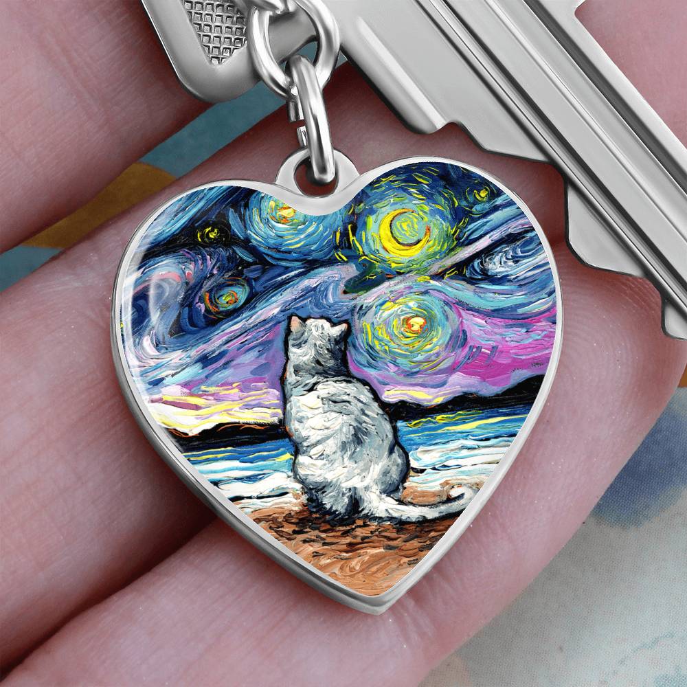 White Cat Night 2 Starry Night Heart Keychain