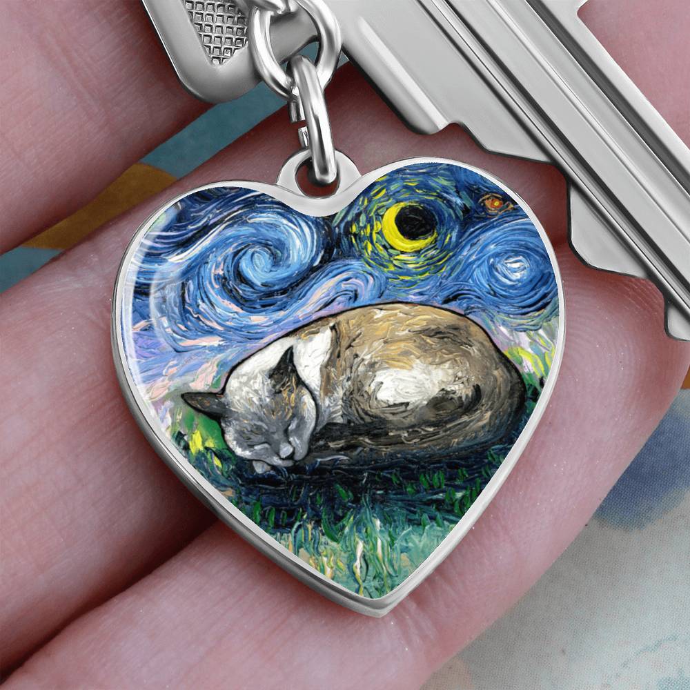 Sleeping Siamese Cat Starry Night Heart Keychain