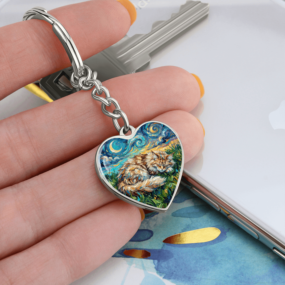 Sleepy Maine Coon Night Heart Keychain