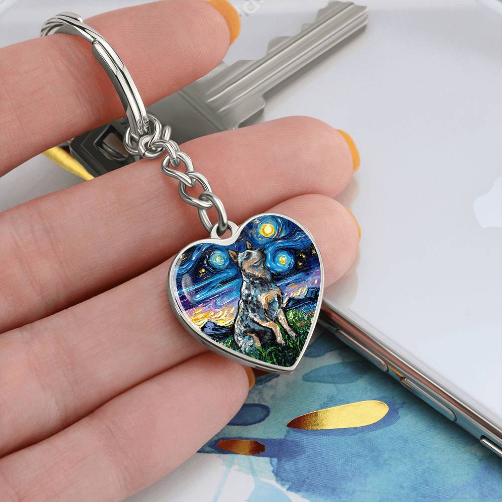 Blue Heeler Starry Night Heart Keychain
