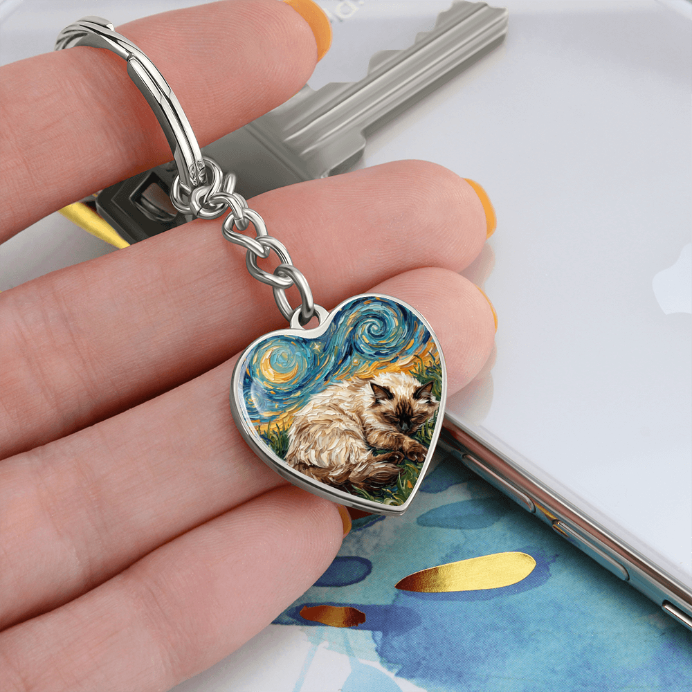 Sleepy Birman Night Heart Keychain