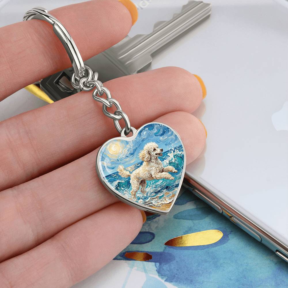 Beach Day - White Toy Poodle Heart Keychain