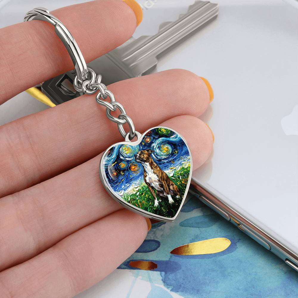 Staffordshire Bull Terrier Starry Night Heart Keychain