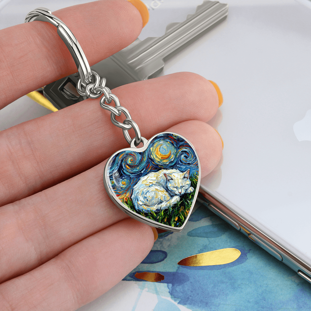 Sleepy White Cat Night Heart Keychain