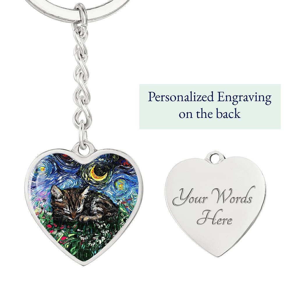 Tabby Kitten Starry Night Heart Keychain