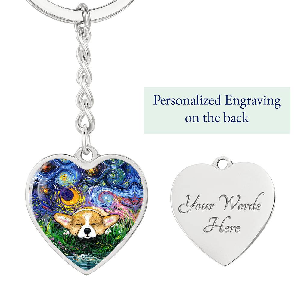 Sleeping Corgi Starry Night Heart Keychain