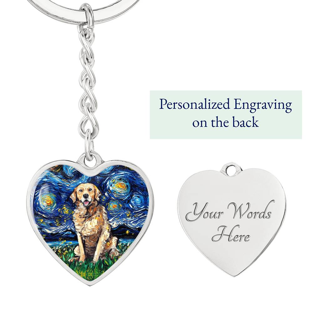 Golden Retriever Starry Night Heart Keychain