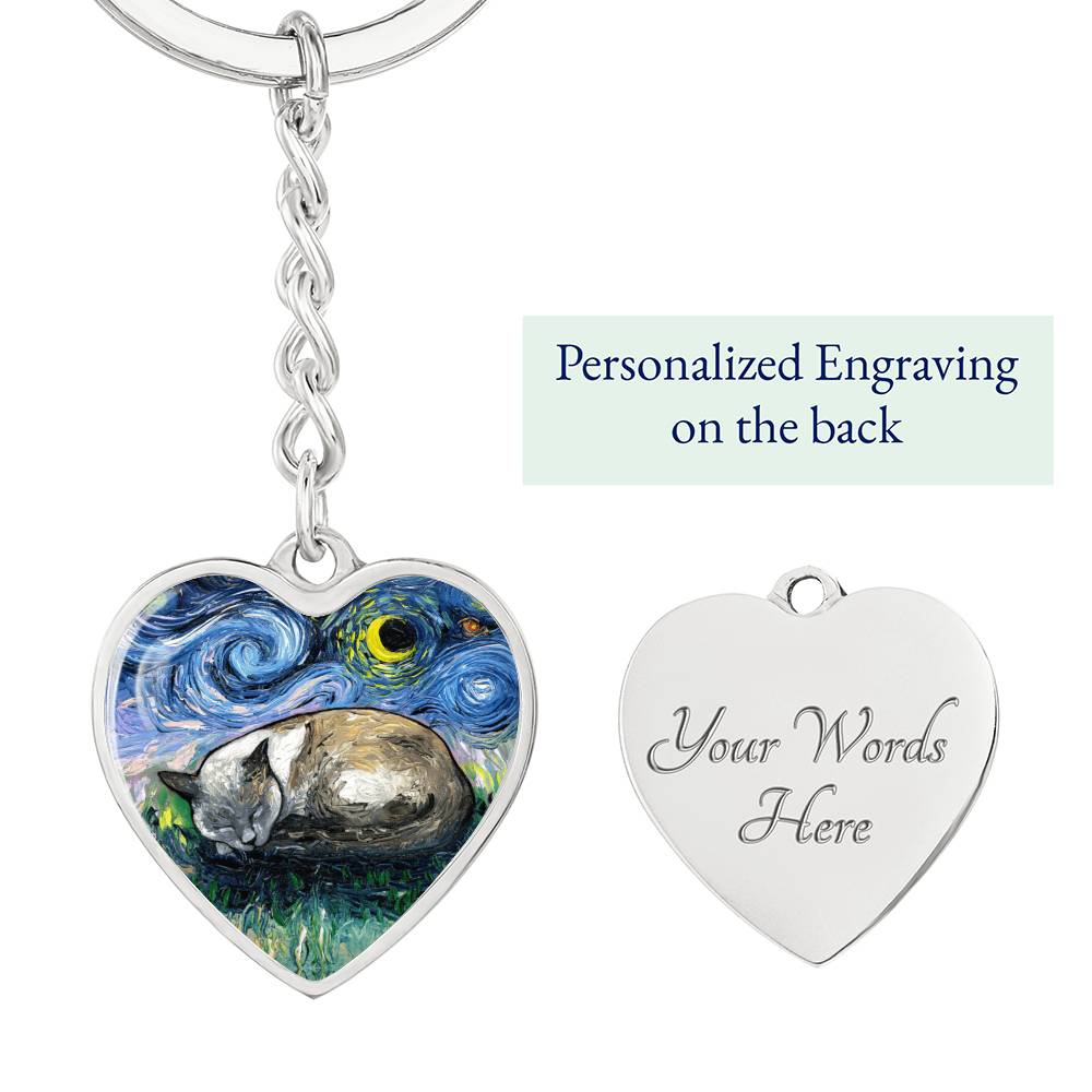 Sleeping Siamese Cat Starry Night Heart Keychain