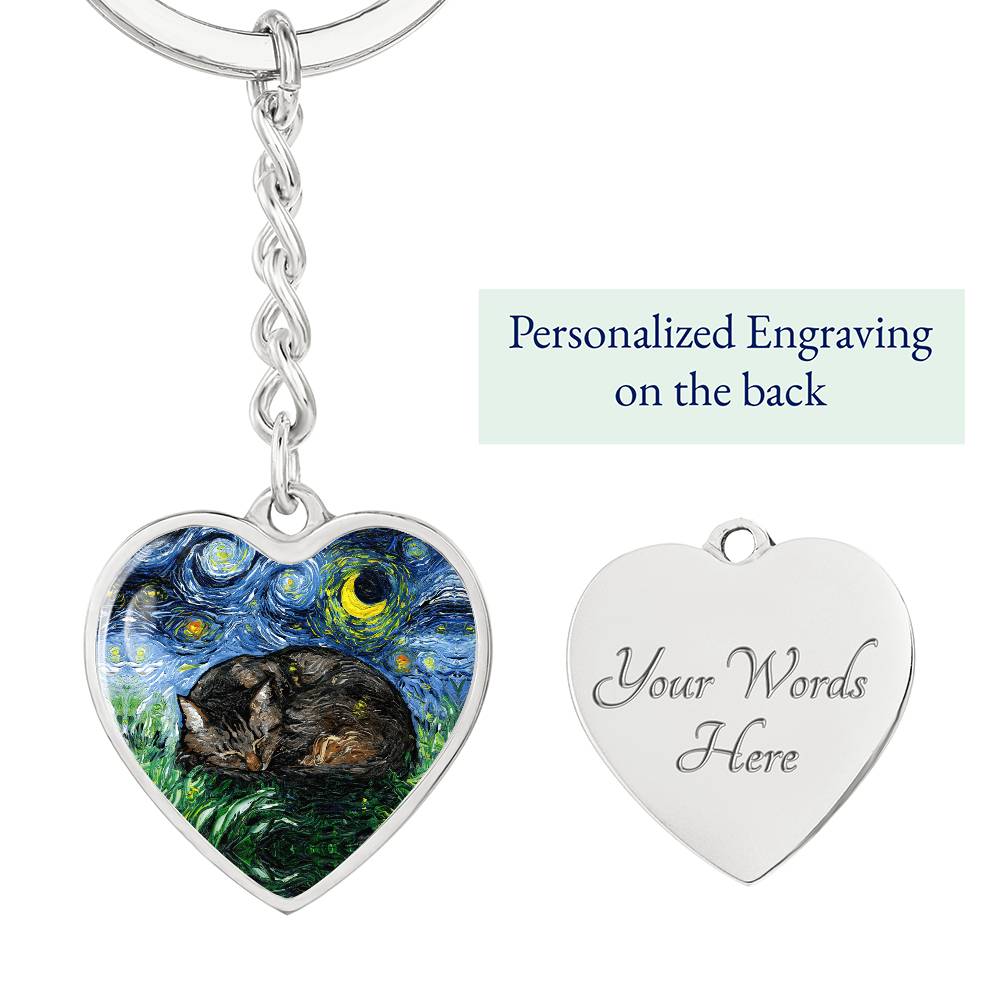 Sleeping Brown Tabby Starry Night Heart Keychain