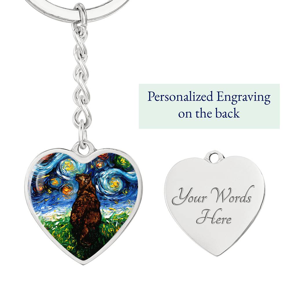 Tortoiseshell Cat Starry Night Heart Keychain