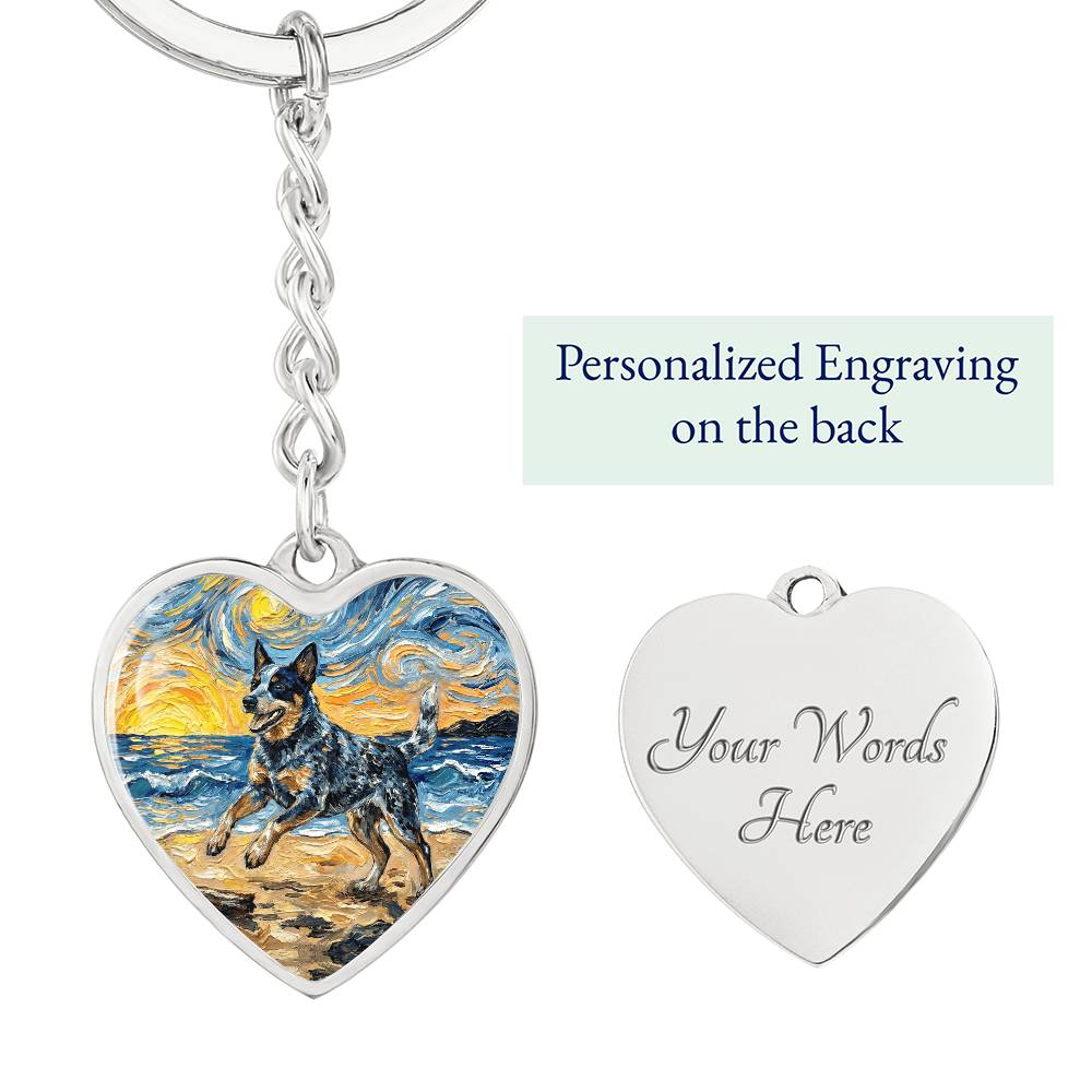 Frolicking Blue Heeler at the Beach Heart Keychain