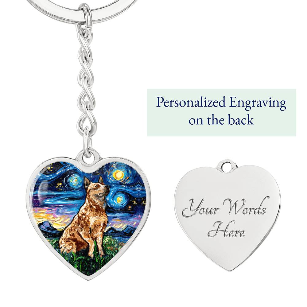 Red Heeler Starry Night Heart Keychain