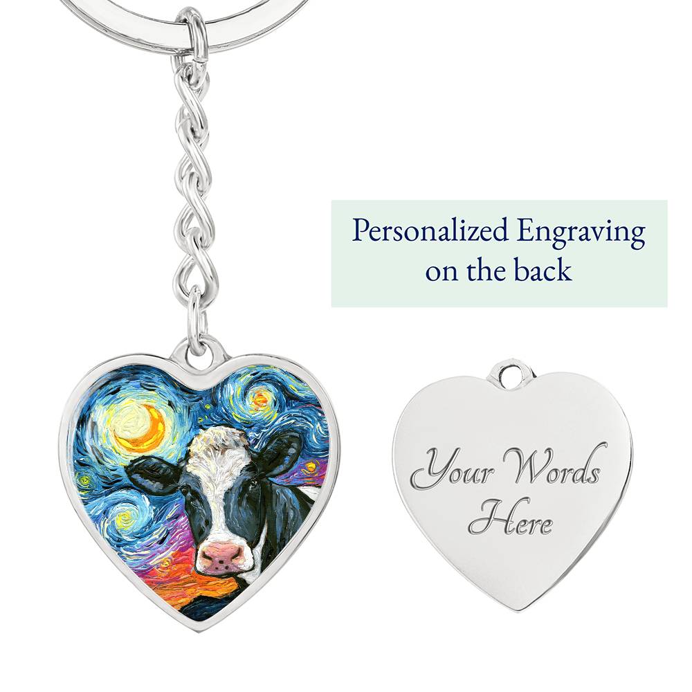 Holstein Cow Starry Night Heart Keychain
