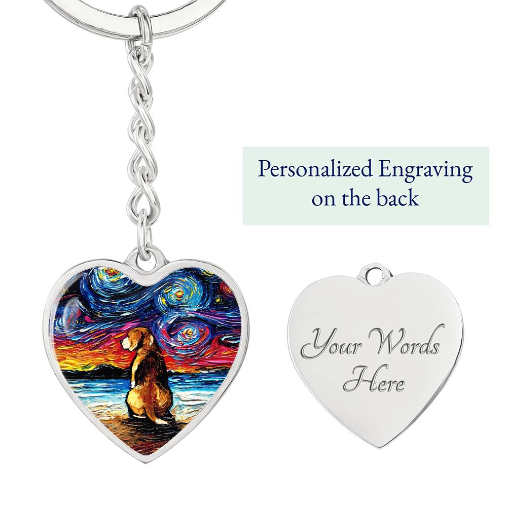 Beagle Beach Starry Night Heart Keychain