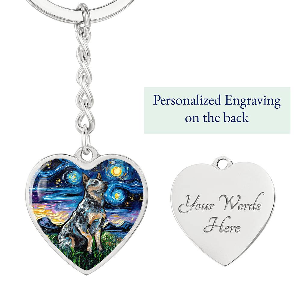 Blue Heeler Starry Night Heart Keychain