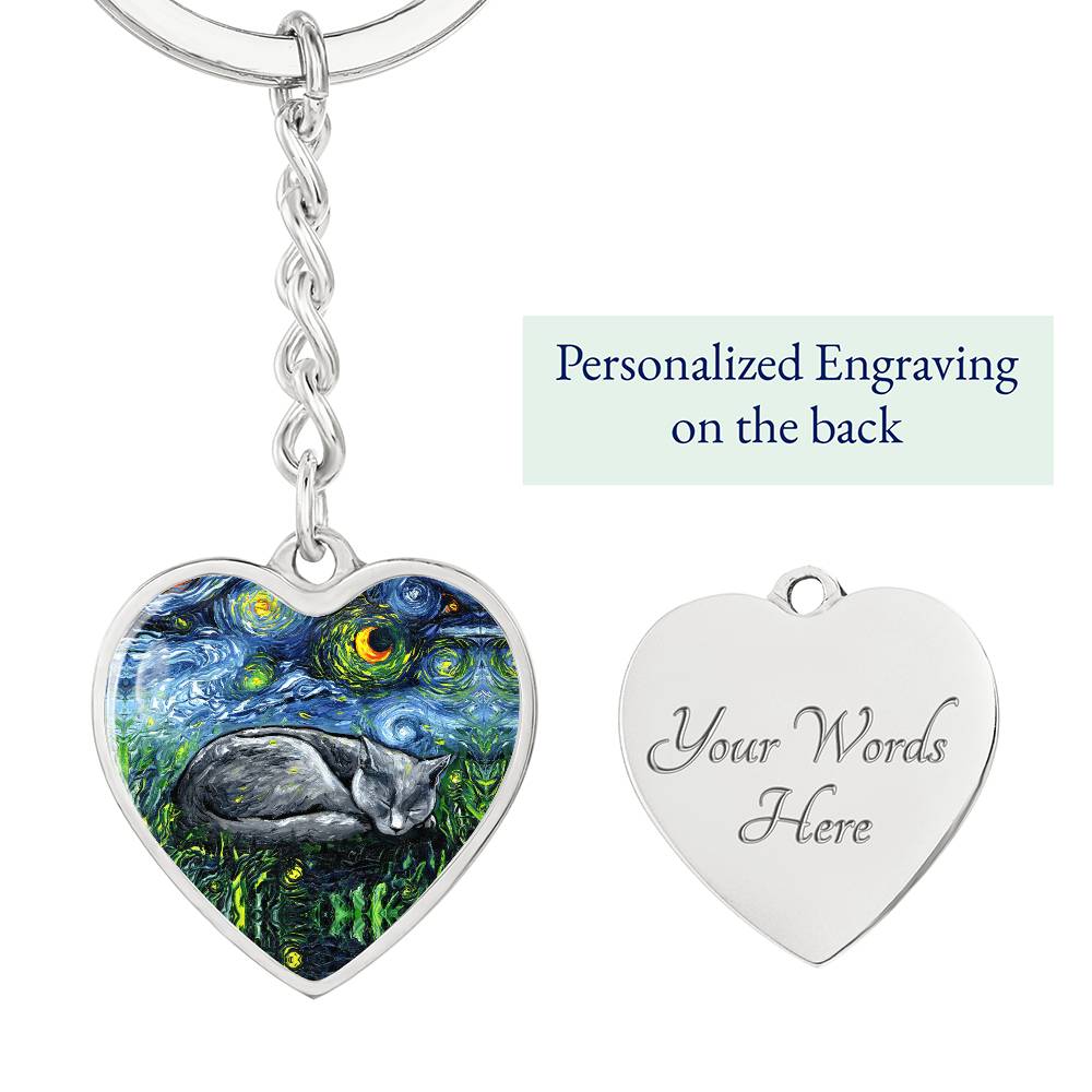 Russian Blue Cat Starry Night Heart Keychain