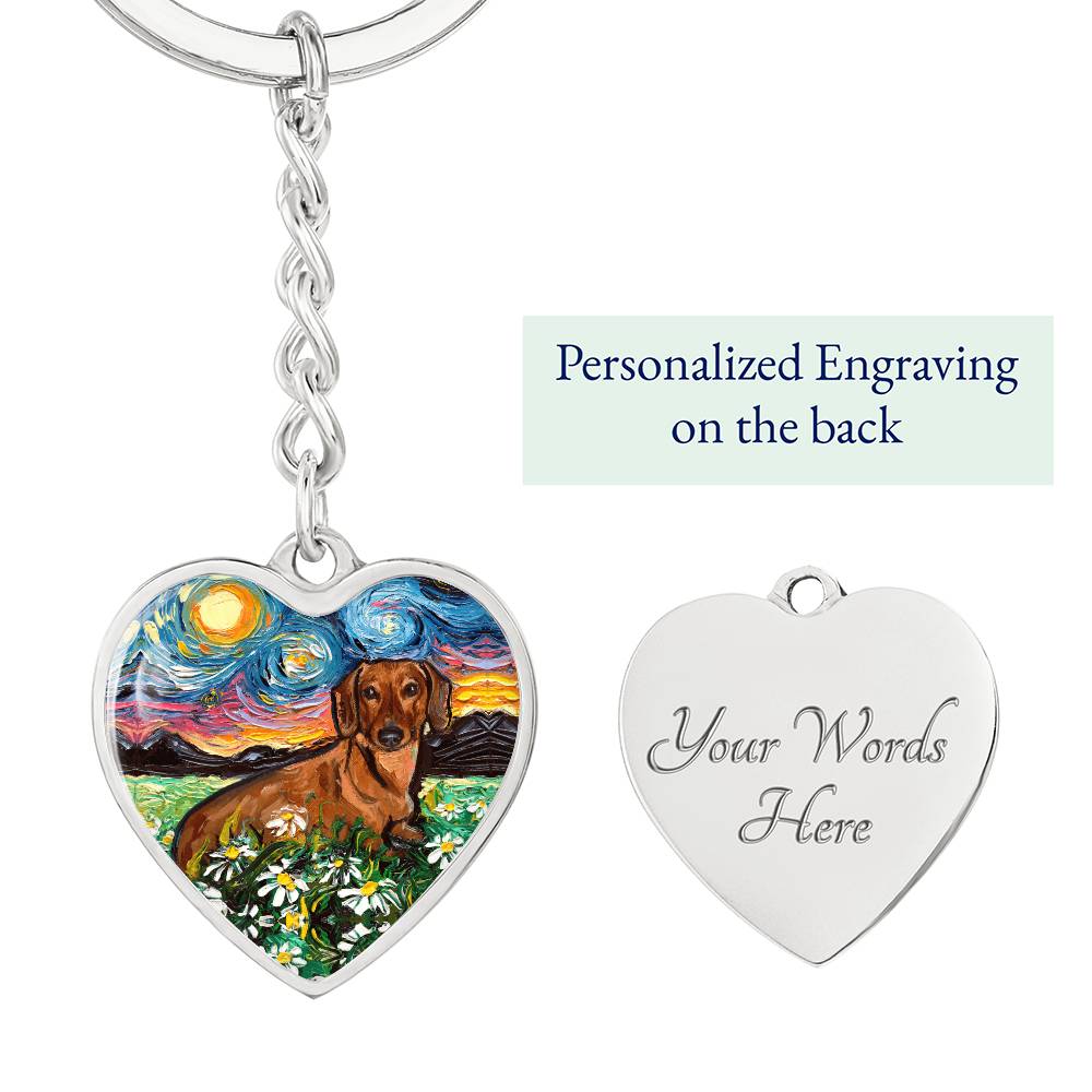 Brown Dachshund and Flowers Starry Night Heart Keychain