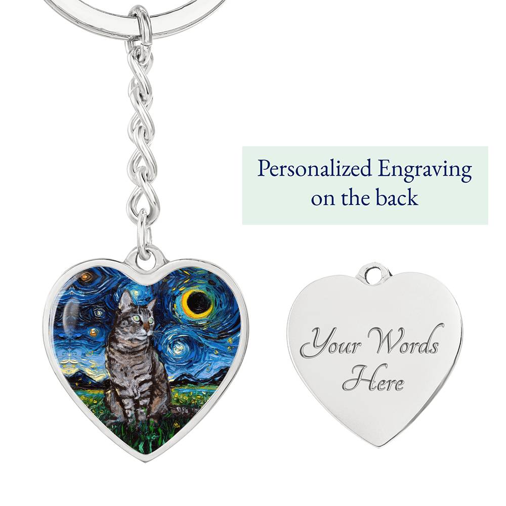 Tabby Cat Starry Night Heart Keychain