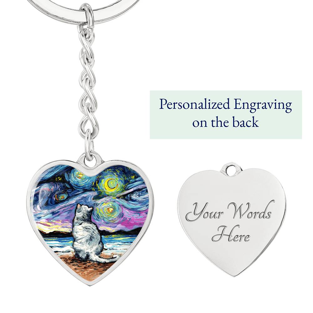 White Cat Night 2 Starry Night Heart Keychain