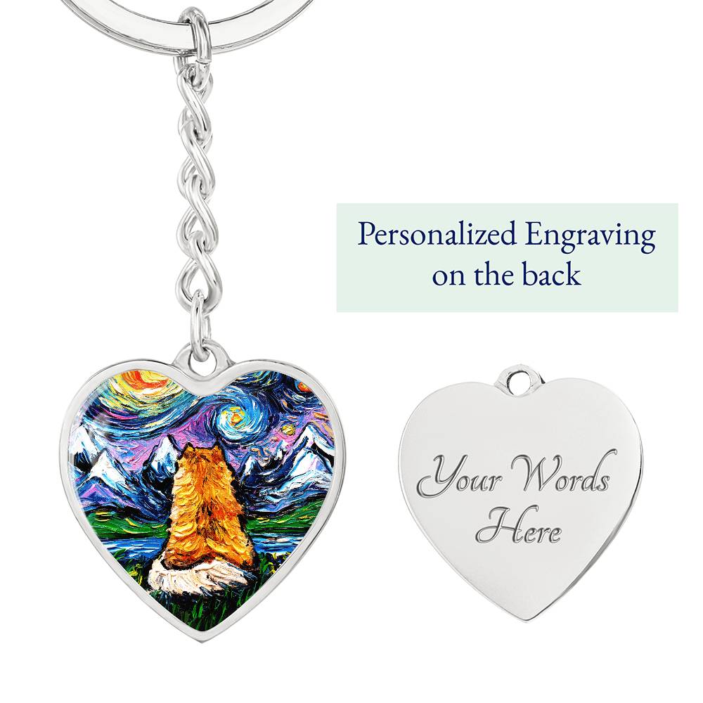 Pomeranian Back Starry Night Heart Keychain