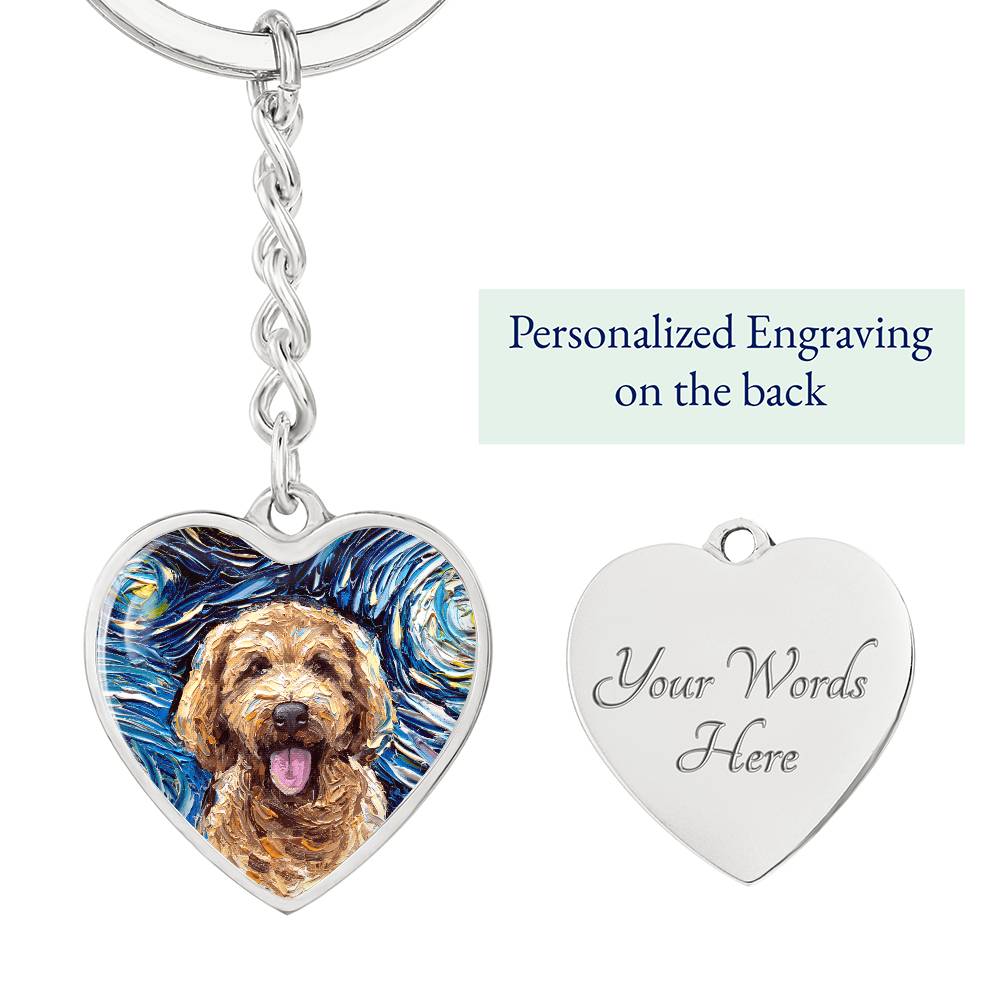 Goldendoodle Portrait Starry Night Heart Keychain