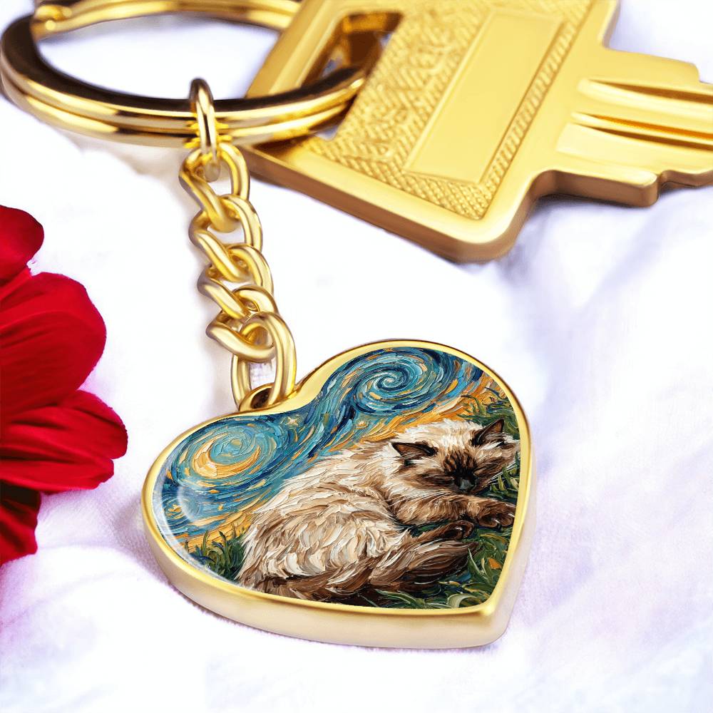 Sleepy Birman Night Heart Keychain