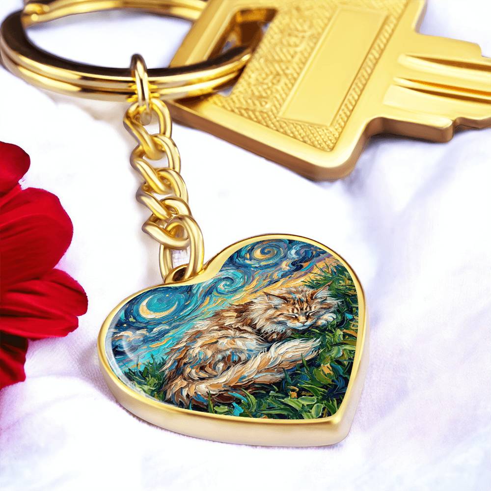 Sleepy Maine Coon Night Heart Keychain