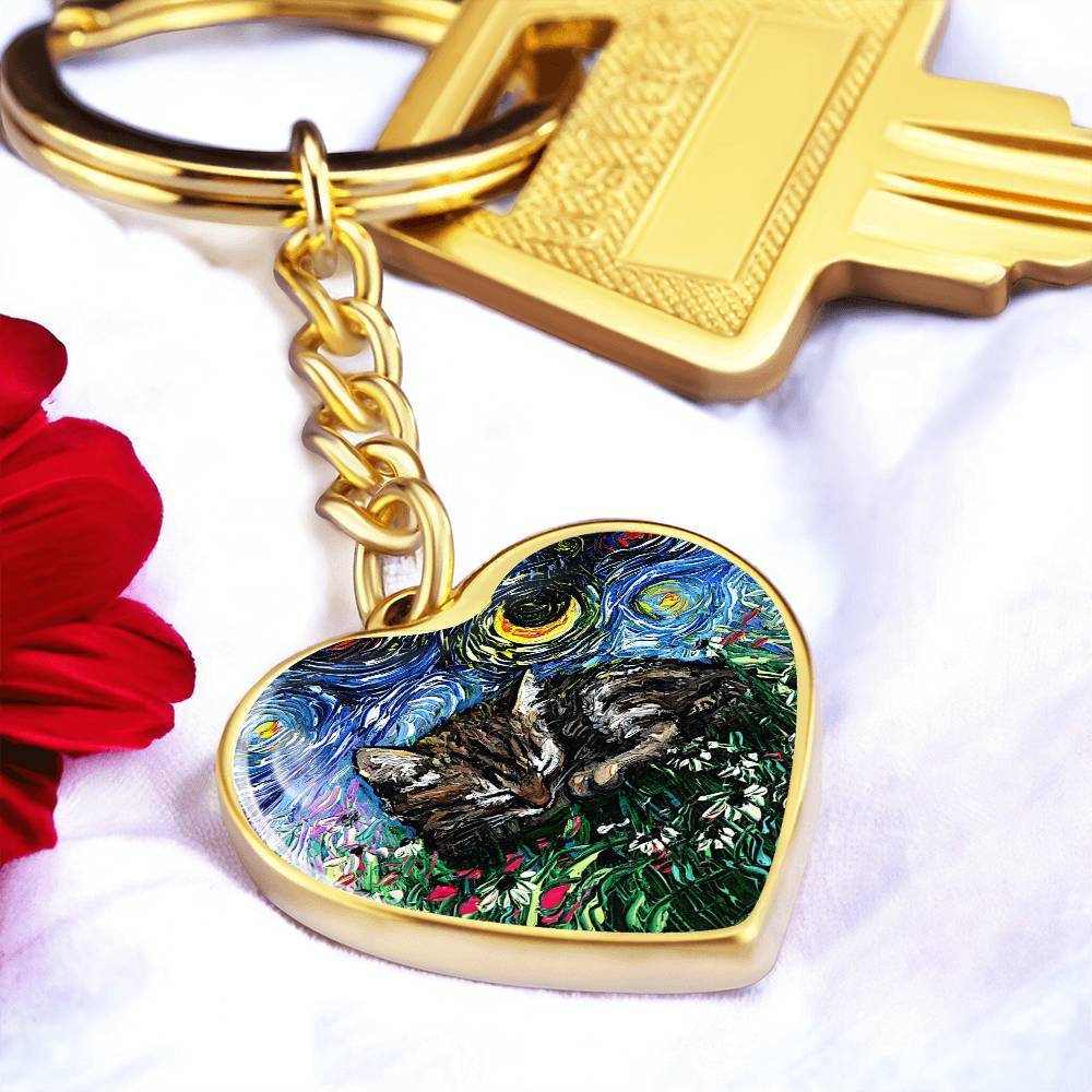 Tabby Kitten Starry Night Heart Keychain