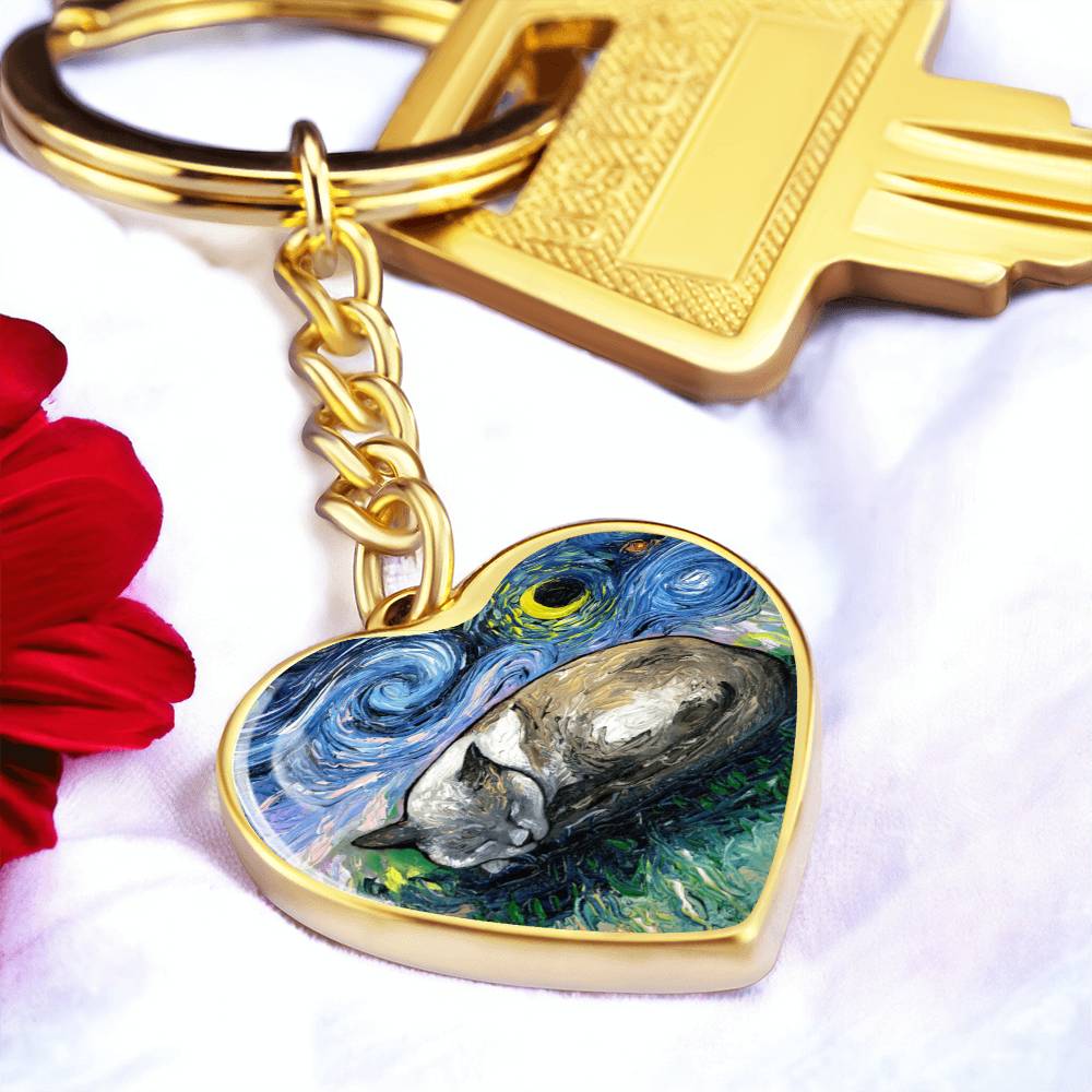 Sleeping Siamese Cat Starry Night Heart Keychain