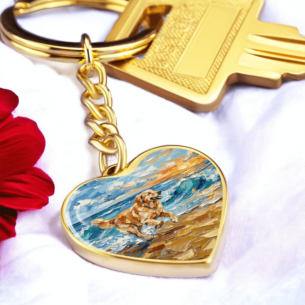 Frolicking Golden Retriever Heart Keychain