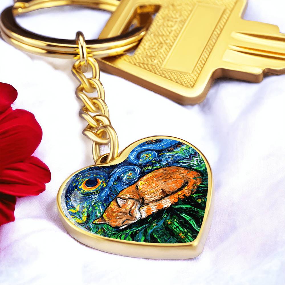 Sleeping Orange Tabby Cat Starry Night Heart Keychain
