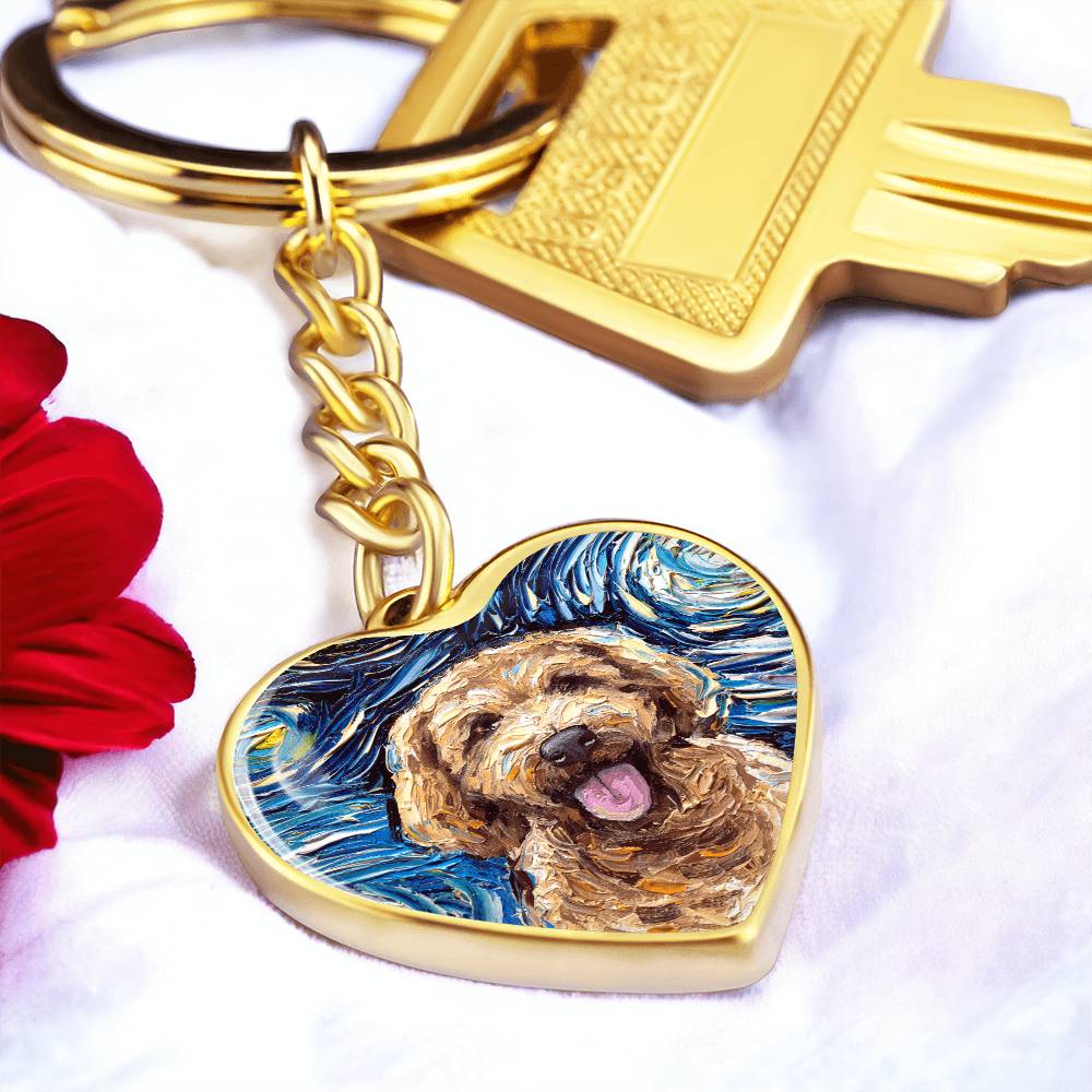 Goldendoodle Portrait Starry Night Heart Keychain