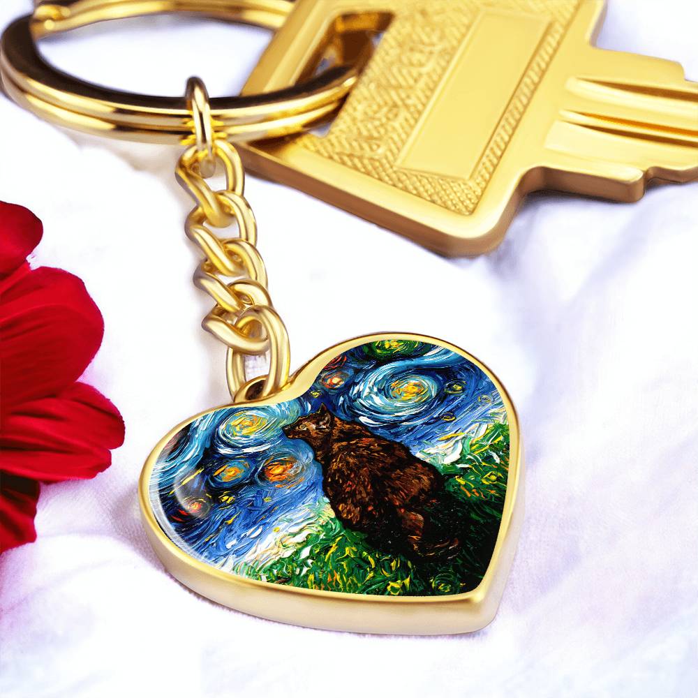 Tortoiseshell Cat Starry Night Heart Keychain