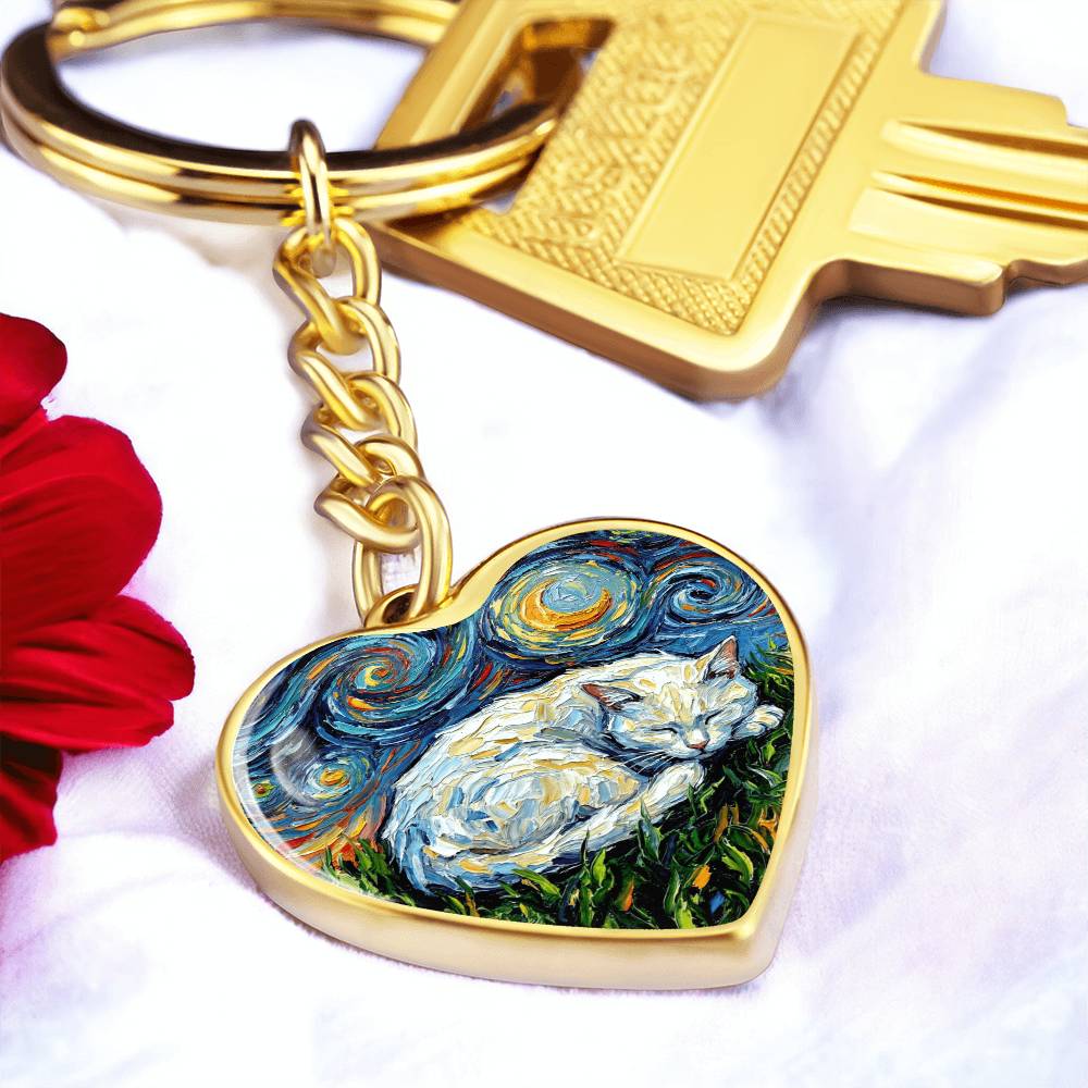 Sleepy White Cat Night Heart Keychain