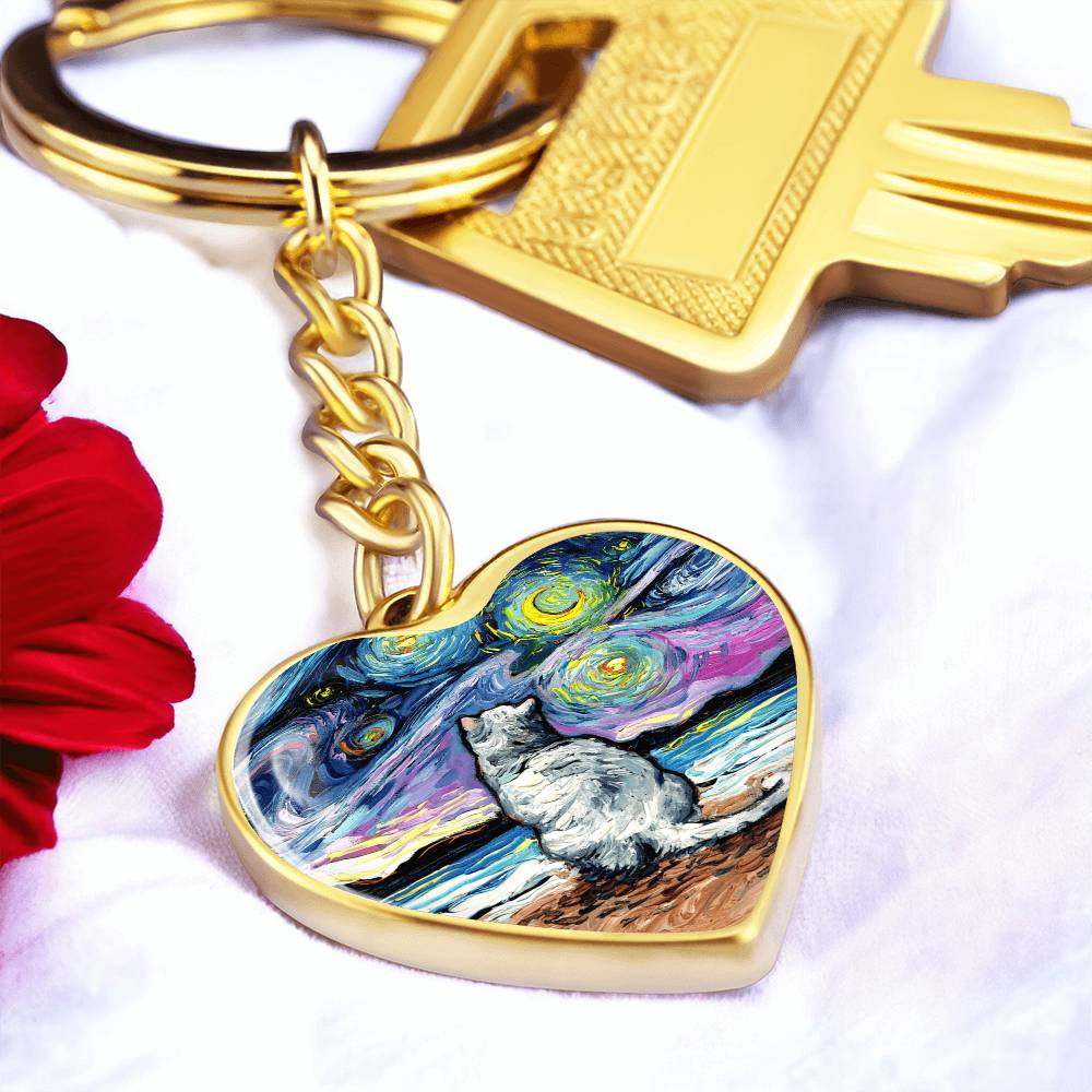 White Cat Night 2 Starry Night Heart Keychain