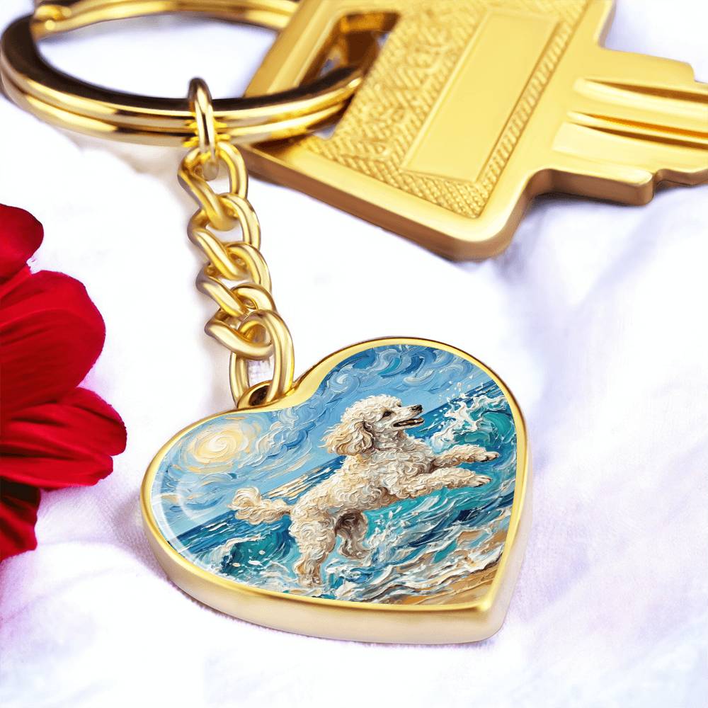 Beach Day - White Toy Poodle Heart Keychain